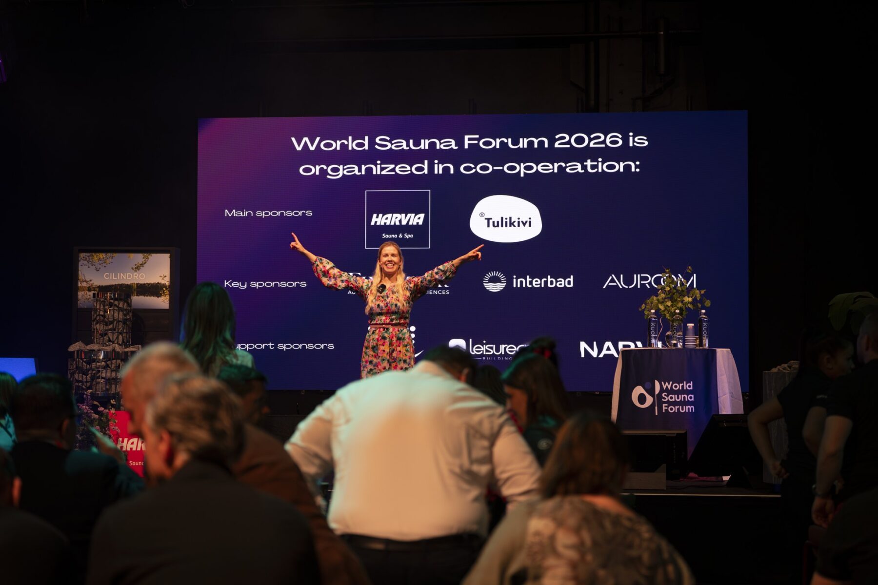 World Sauna Forum 2026 host Varpu Rusila on stage