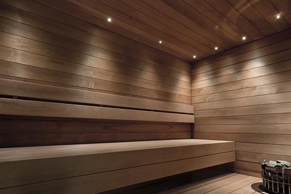 Sauna with recessed downlighting installed in ceiling
